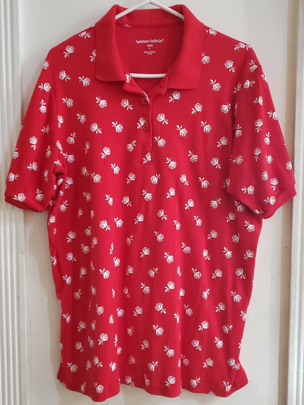 Woman Within Golf Shirt Polo Top Size 18 20 Short Sleeve Red And White Flowers